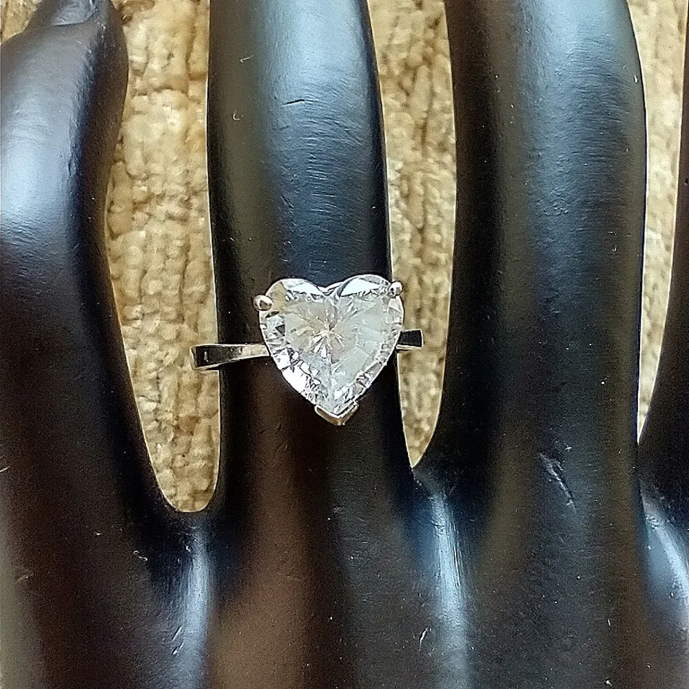 Gold Ring  14k Solid White Gold CZ Heart Shaped Ring - Picture 2 of 15
